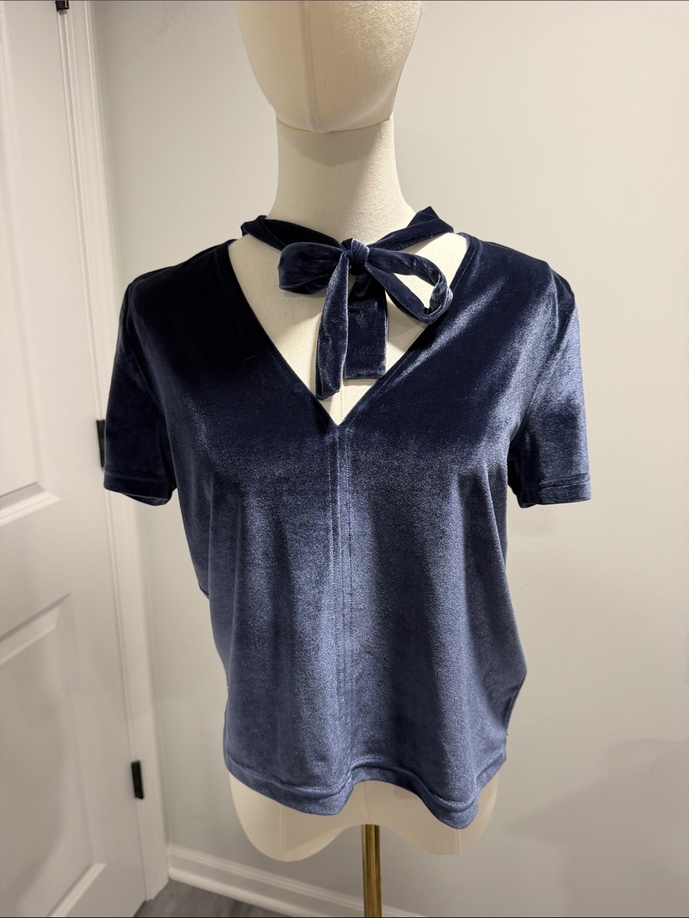 Madewell Dark Navy Velvet Tie-Neck V‑Neck Short Sleeve Top